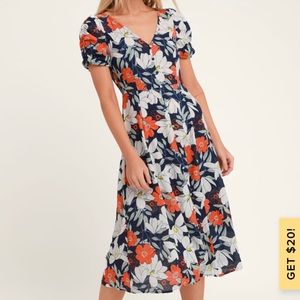 NWT Lulus Navy Blue floral midi dress